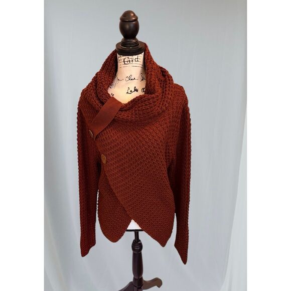Zenana Outfitters Women’s L Sweater Red/Brown Asymmetrical Cowl Neck Chunky Ribb - Picture 2 of 9